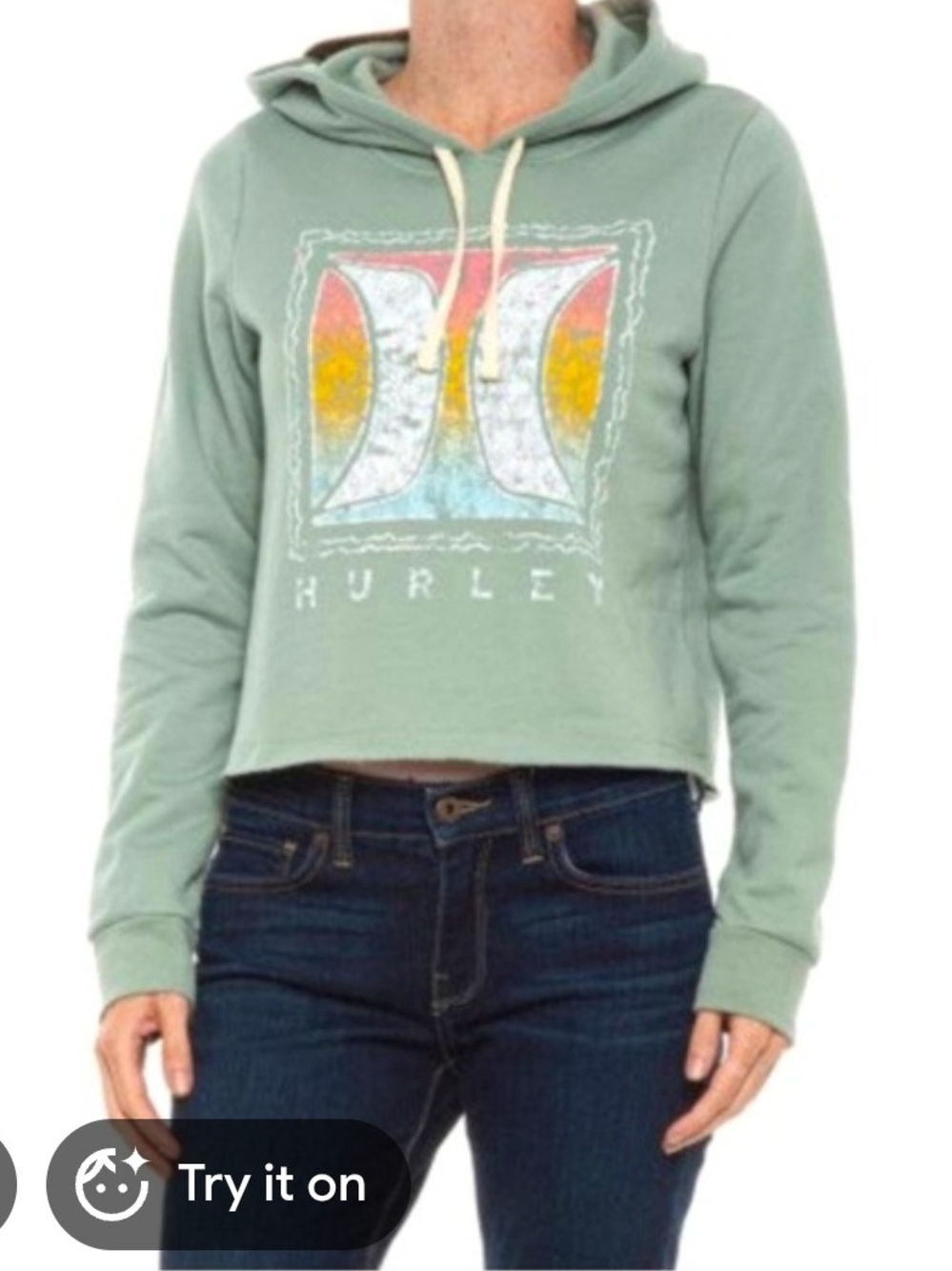 🌟3/$15 Hurley Sage Green Cropped Hoodie with Graphic Logo